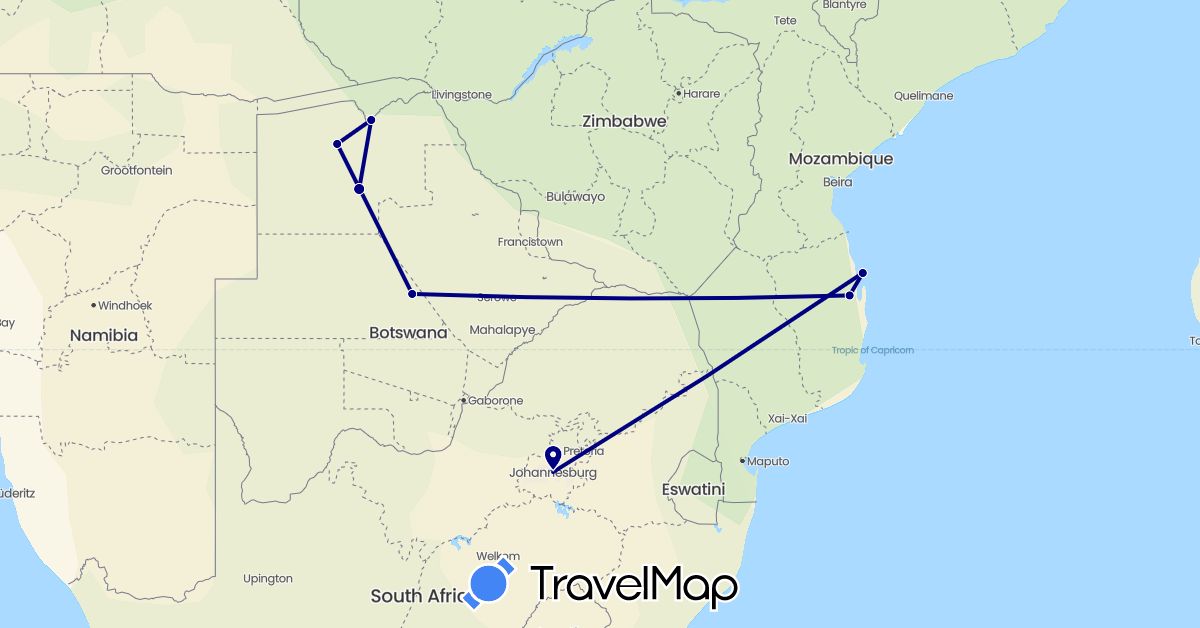 TravelMap itinerary: driving in Botswana, Mozambique, South Africa (Africa)